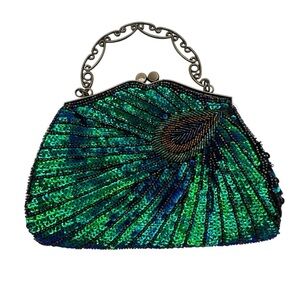 PEACOCK FEATHER Vintage Inspired Sequin & Beaded Clutch Crossbody Kiss Lock Bag